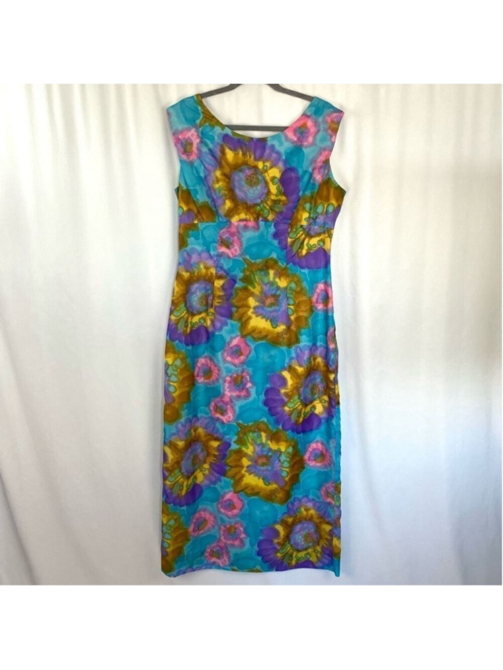 Vintage 60s Hawaiian Floral Paradise Dress Women’s L Sleeveless Midi Tiki